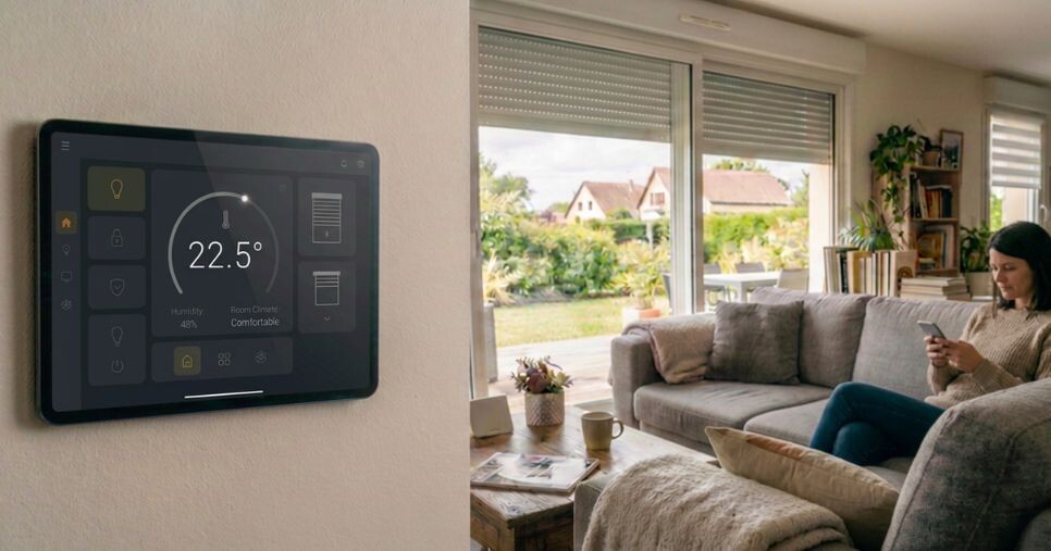 Installation d'une console centrale domotique dans un salon moderne avec une utilisatrice pilotant sa maison connectée sur smartphone.