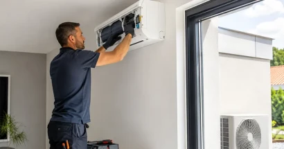 Installateur certifié posant une climatisation réversible murale chez un particulier à Rixheim, dans le Haut-Rhin
