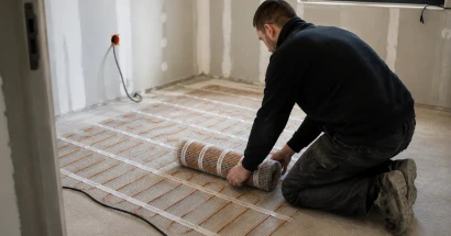 Artisan qui déroule un treillis de chauffage au sol électrique dans une pièce en rénovation, près de Mulhouse.